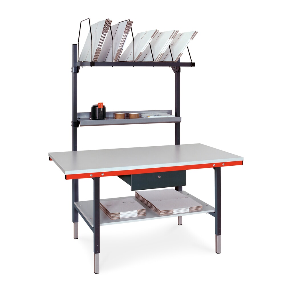 Illustration du produit: Rocholz Table d’emballage SYSTEM 2000 réglable manuellement en hauteur, pack complet avec tiroir et plateau intermédiaire, H x l x P 690-960 x 1 600 x 800 mm
