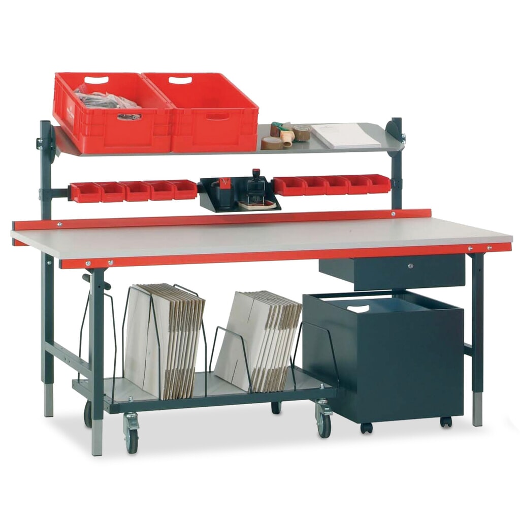 Rocholz Table d’emballage réglable manuellement en hauteur, capacité de charge 200 kg, H x l x P 690-960 x 2 000 x 920 mm N° de l'image du produit 5 : Rocholz Table d’emballage réglable manuellement en hauteur, capacité de charge 200 kg, H x l x P 690-960 x 2 000 x 920 mm
