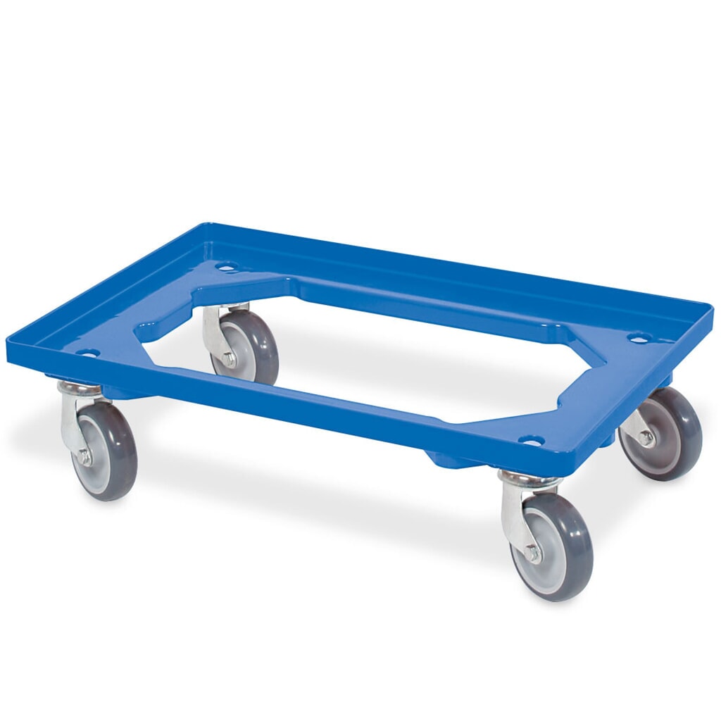 Rouleau de transport pour Bacs empilables Euro 600x400 mm bleu, 4 roulettes pivotantes, roues en Caoutchouc gris Illustration du produit: Rouleau de transport pour Bacs empilables Euro 600x400 mm bleu, 4 roulettes pivotantes, roues en Caoutchouc gris