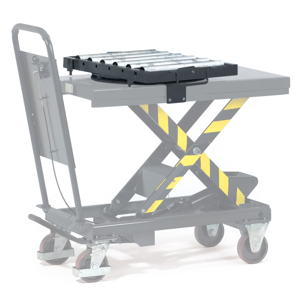 Rouleaux de manutention pour chariot à plate-forme élévatrice à ciseaux fetra® avec panneau de butée, pivotant Illustration du produit: Rouleaux de manutention pour chariot à plate-forme élévatrice à ciseaux fetra® avec panneau de butée, pivotant