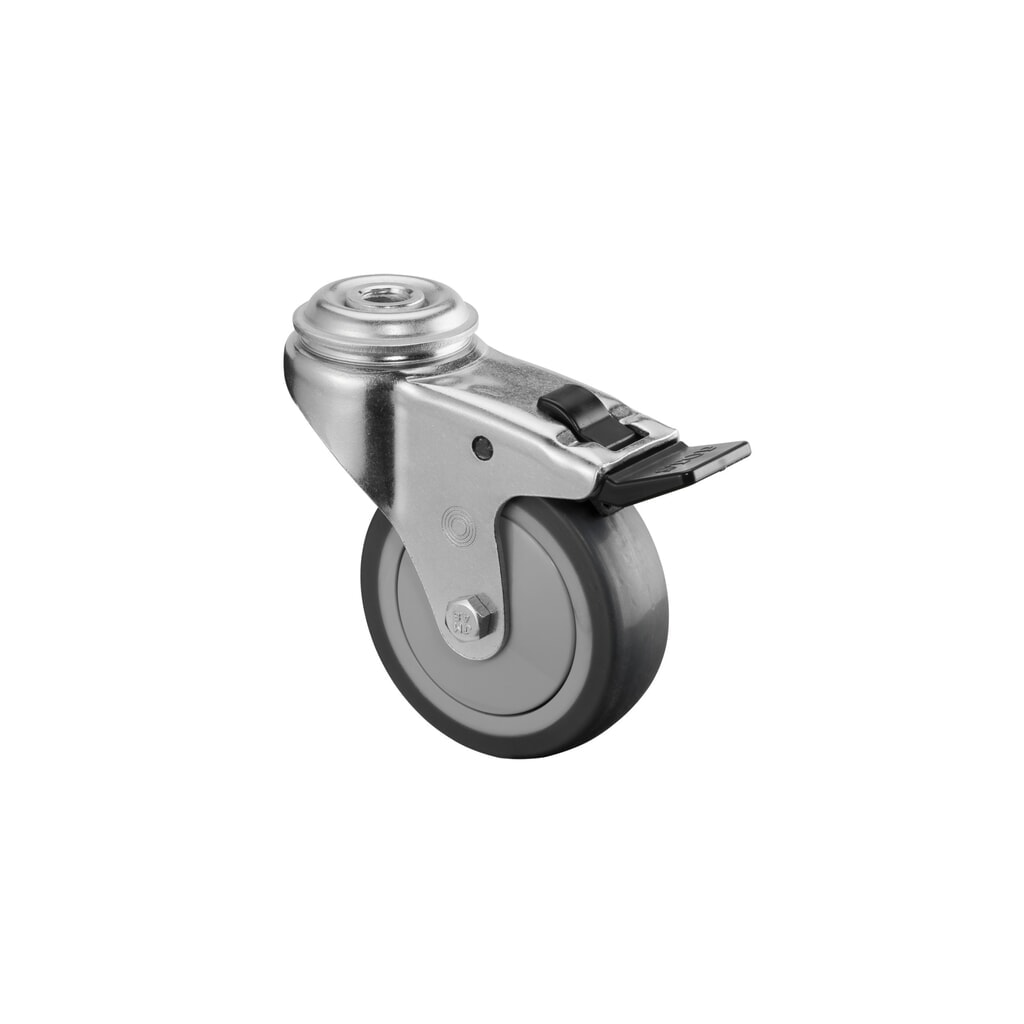 Roulette d'appareil TPE, roue directrice avec dispositif de blocage, roulement à billes, trou à boulon, Ø x largeur 100 x 24 mm, capacité de charge 70 kg
