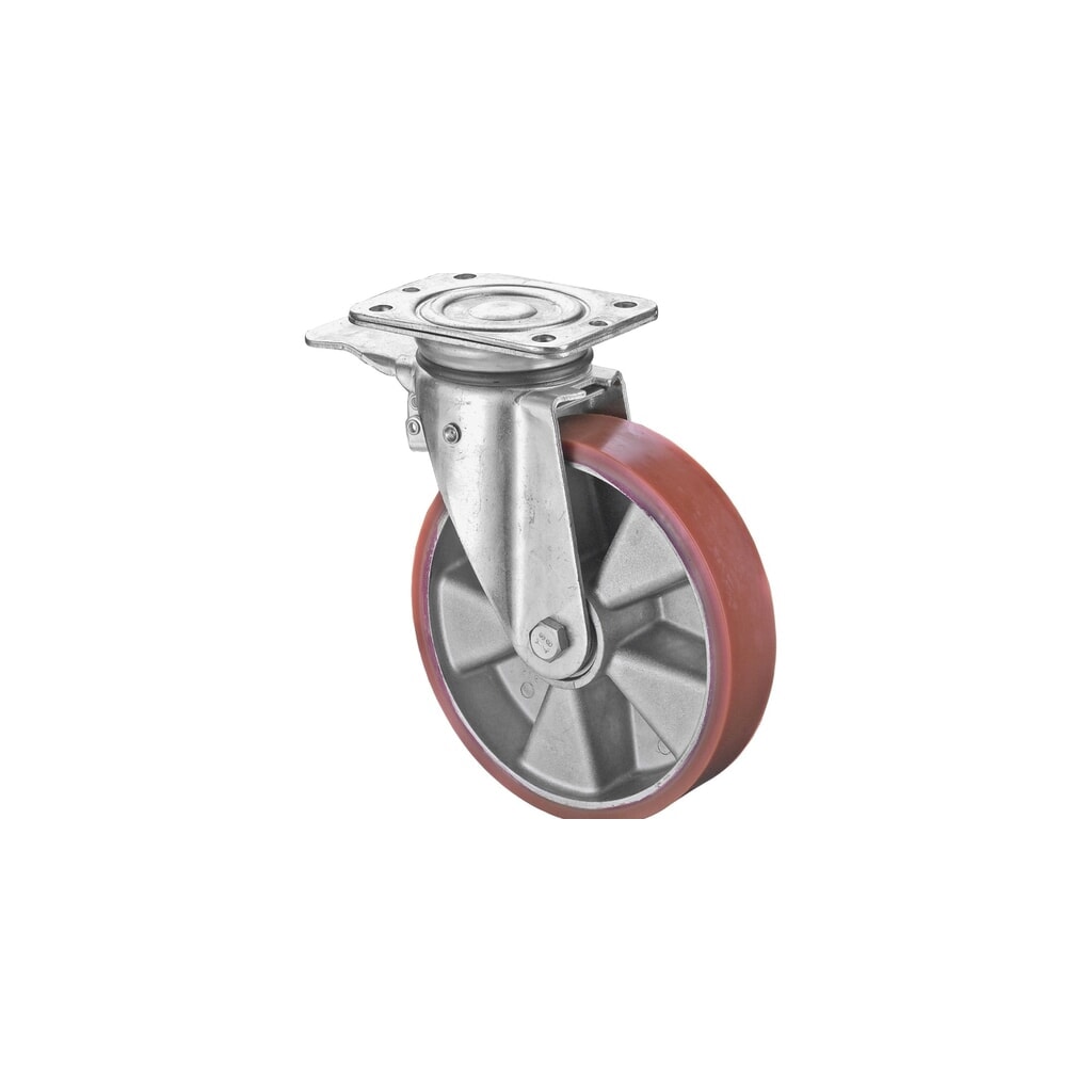 Roulette pour charges lourdes en polyuréthane moulé Prothane®, roue directrice avec dispositif de blocage, roulement à billes, plaque, Ø x largeur 200 x 50 mm, capacité de charge 600 kg