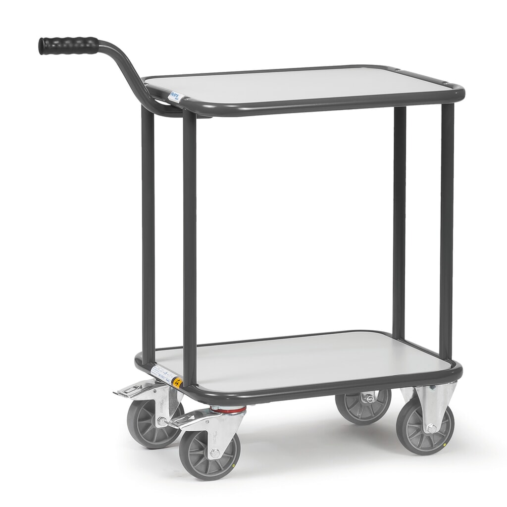 Rouleur à poignée ESD fetra® avec tablettes en bois, 2 surfaces de chargement de 450 x 600 mm Illustration du produit: Rouleur à poignée ESD fetra® avec tablettes en bois, 2 surfaces de chargement de 450 x 600 mm