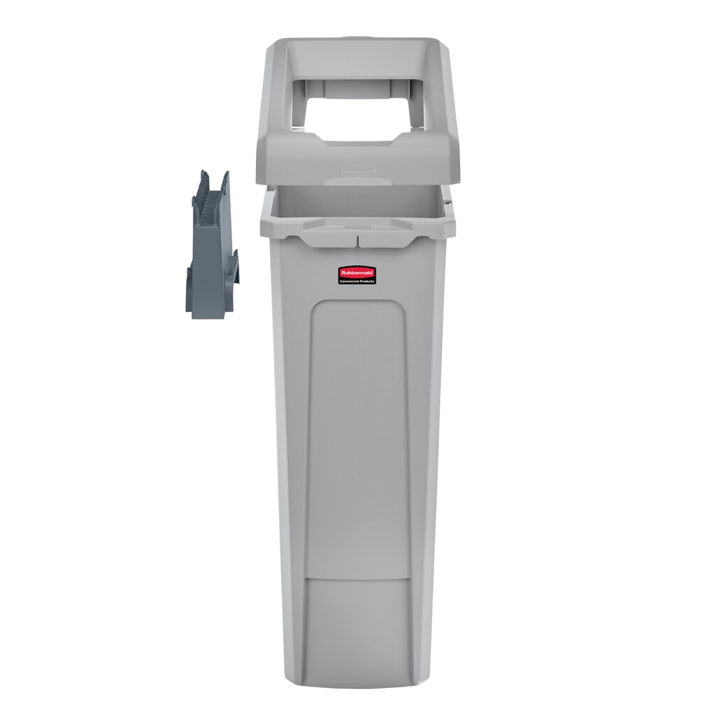 Illustration du produit: Rubbermaid® Kit de démarrage pour station de recyclage Slim Jim, avec collecteur de matériaux de 87 litres, avec couvercle ouvert, avec raccord emboîtable