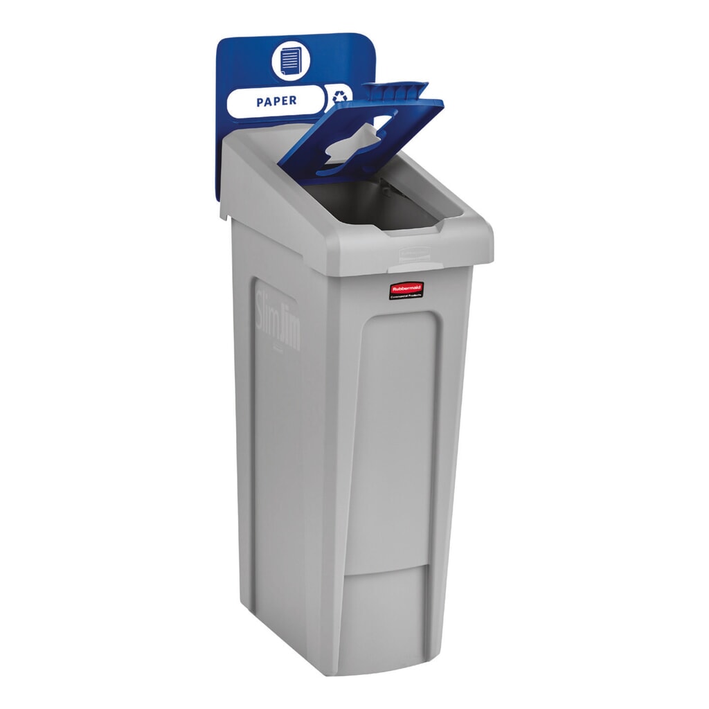 Rubbermaid® Kit de démarrage pour station de recyclage Slim Jim, avec collecteur de matériaux de 87 litres, avec couvercle ouvert, avec raccord emboîtable N° de l'image du produit 2 : Rubbermaid® Kit de démarrage pour station de recyclage Slim Jim, avec collecteur de matériaux de 87 litres, avec couvercle ouvert, avec raccord emboîtable