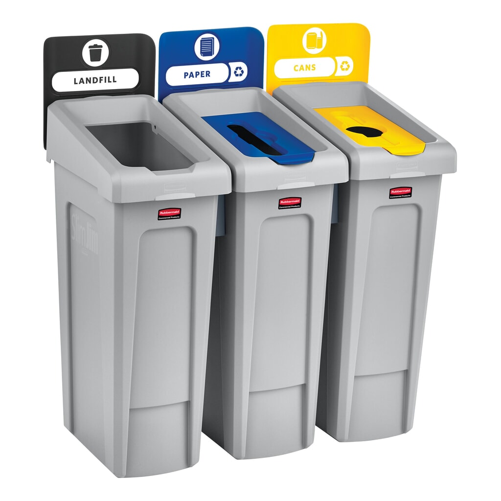 Rubbermaid® Kit de démarrage pour station de recyclage Slim Jim, avec collecteur de matériaux de 87 litres, avec couvercle ouvert, avec raccord emboîtable N° de l'image du produit 6 : Rubbermaid® Kit de démarrage pour station de recyclage Slim Jim, avec collecteur de matériaux de 87 litres, avec couvercle ouvert, avec raccord emboîtable