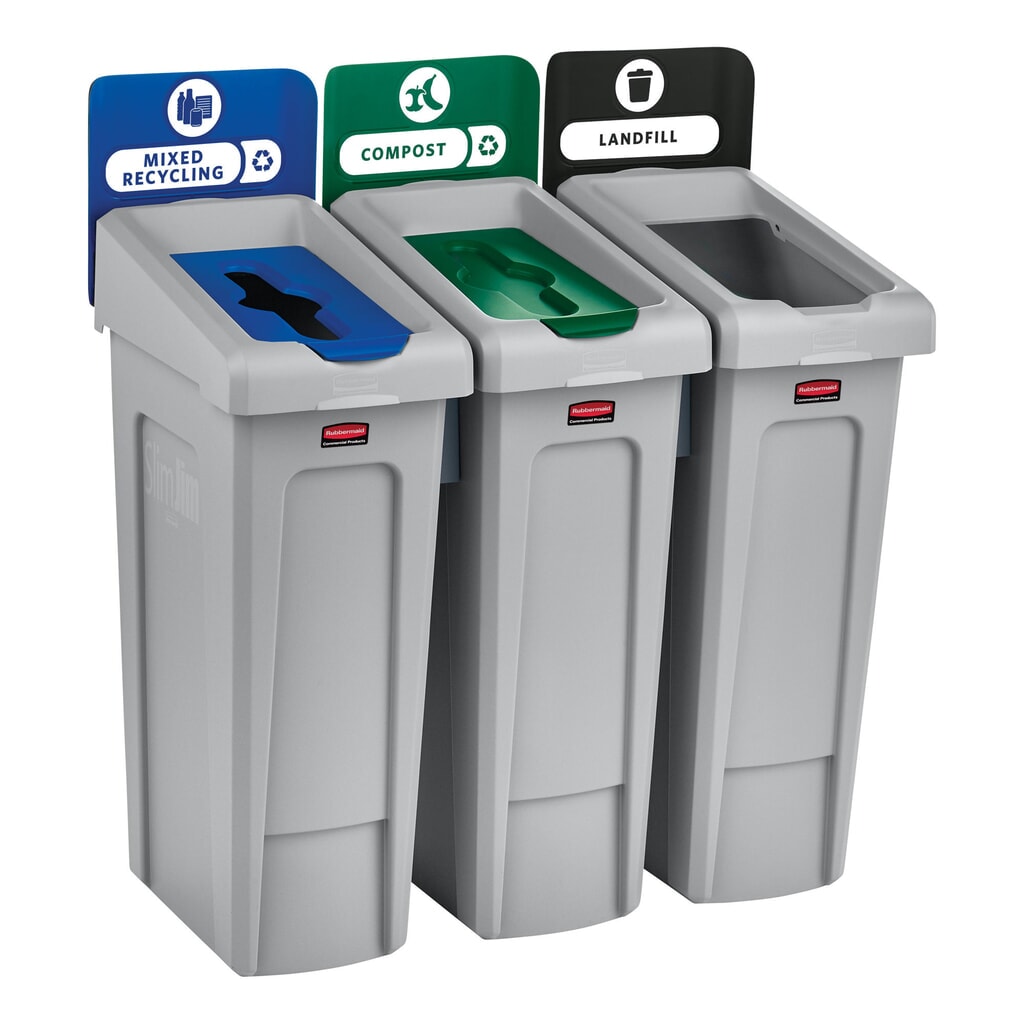 Rubbermaid® Kit de démarrage pour station de recyclage Slim Jim, avec collecteur de matériaux de 87 litres, avec couvercle ouvert, avec raccord emboîtable N° de l'image du produit 7 : Rubbermaid® Kit de démarrage pour station de recyclage Slim Jim, avec collecteur de matériaux de 87 litres, avec couvercle ouvert, avec raccord emboîtable