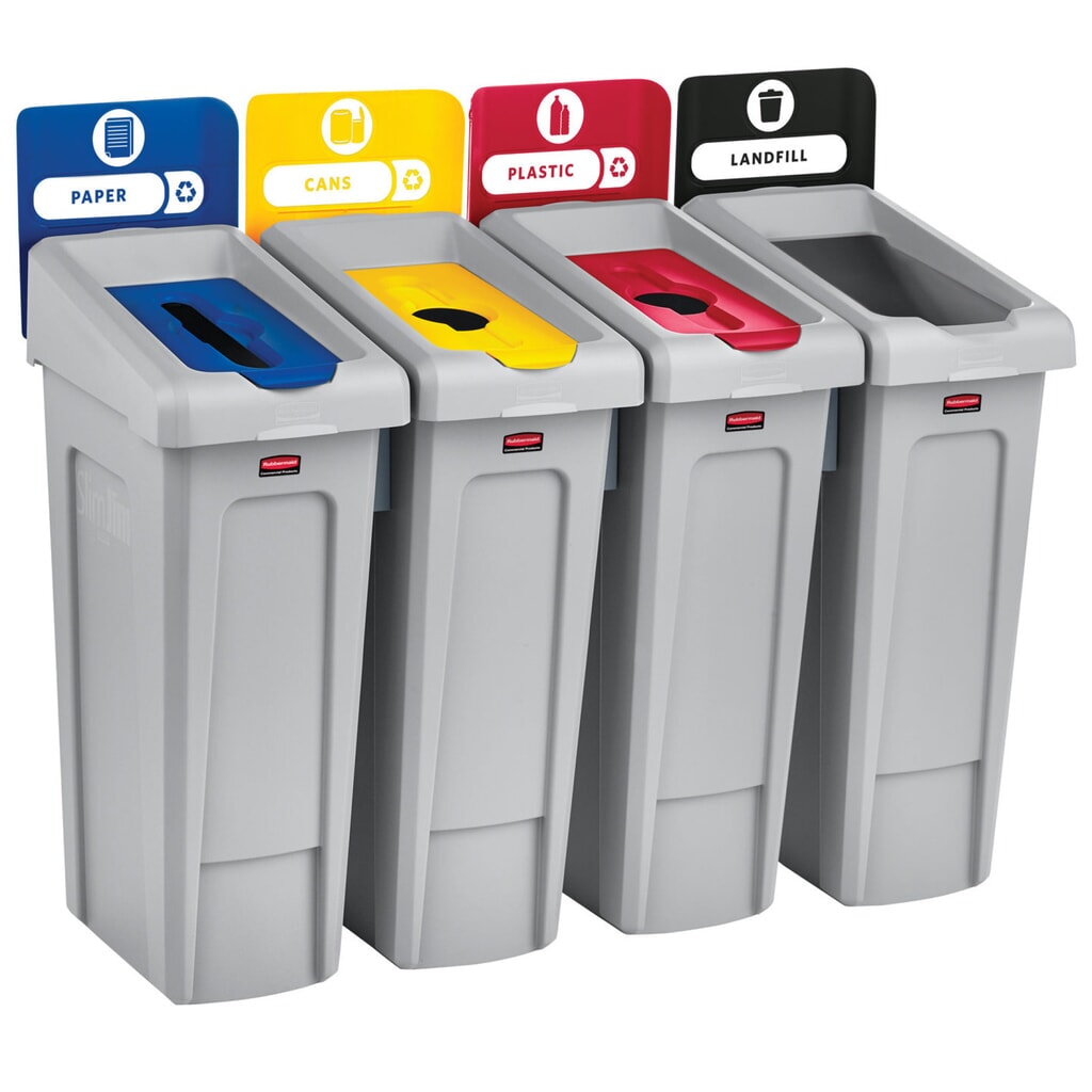 Rubbermaid® Kit de démarrage pour station de recyclage Slim Jim, avec collecteur de matériaux de 87 litres, avec couvercle ouvert, avec raccord emboîtable N° de l'image du produit 8 : Rubbermaid® Kit de démarrage pour station de recyclage Slim Jim, avec collecteur de matériaux de 87 litres, avec couvercle ouvert, avec raccord emboîtable