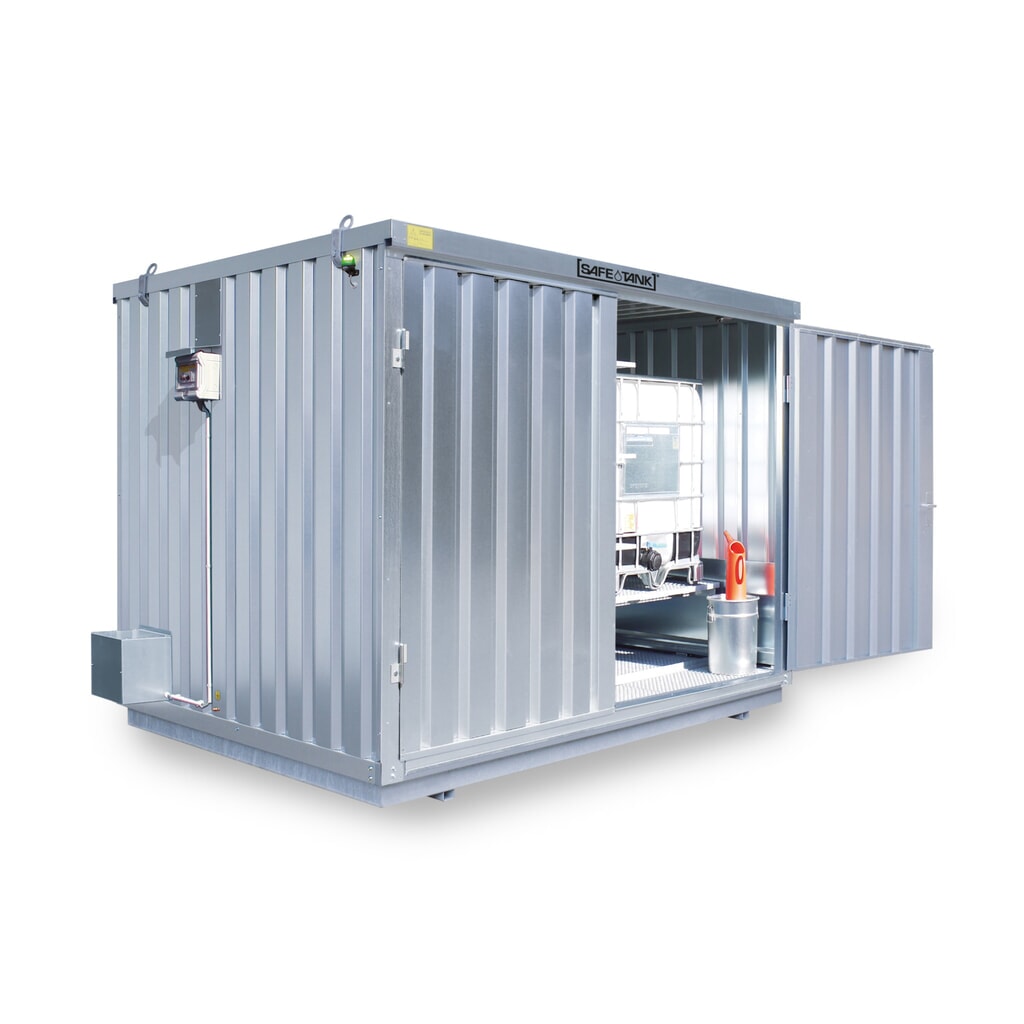 Conteneur pour substances dangereuses SAFE Tank 1000 KTC ECO, à haut rendement énergétique grâce à la commande du ventilateur en fonction des besoins, dimensions extérieures 3 350x2 170x2 310 mm, porte à doubles battants, au centre du côté Illustration du produit: Conteneur pour substances dangereuses SAFE Tank 1000 KTC ECO, à haut rendement énergétique grâce à la commande du ventilateur en fonction des besoins, dimensions extérieures 3 350x2 170x2 310 mm, porte à doubles battants, au centre du côté