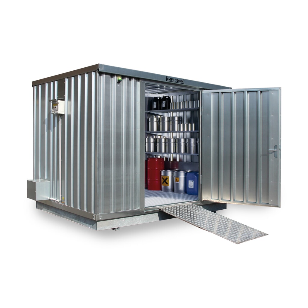 Conteneur pour substances dangereuses SAFE Tank 1000 ECO, à haut rendement énergétique grâce à la commande du ventilateur en fonction des besoins, dimensions extérieures 3 350x2 170x2 310 mm, porte à un battant, au centre du côté large, Illustration du produit: Conteneur pour substances dangereuses SAFE Tank 1000 ECO, à haut rendement énergétique grâce à la commande du ventilateur en fonction des besoins, dimensions extérieures 3 350x2 170x2 310 mm, porte à un battant, au centre du côté large,