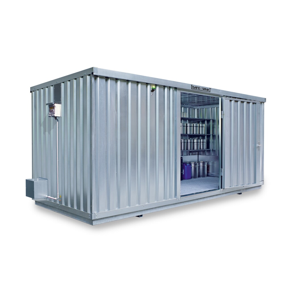 Illustration du produit: Conteneur pour substances dangereuses SAFE Tank 1700 ECO, à haut rendement énergétique grâce à la commande du ventilateur en fonction des besoins, dimensions extérieures 5 380x2 170x2 300 mm, porte à un battant, au milieu du côté court,