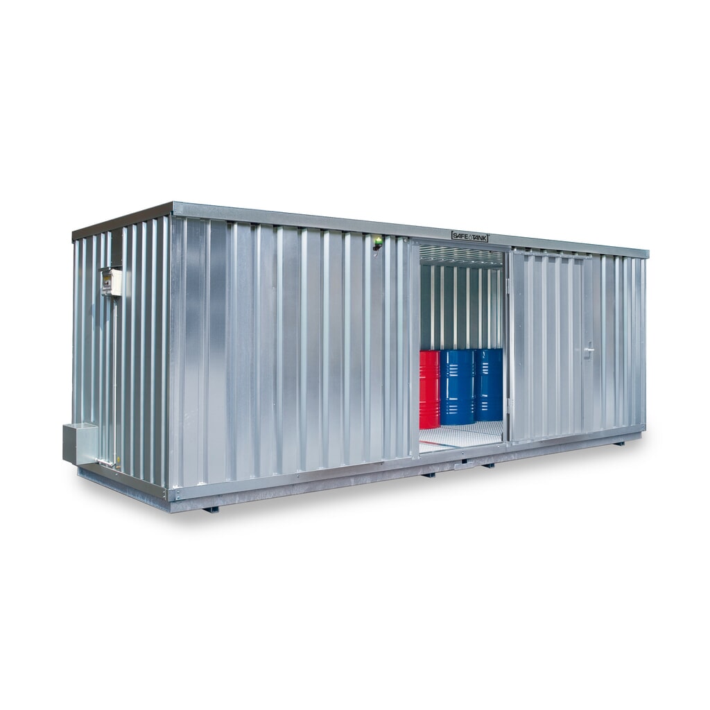 Illustration du produit: Conteneur pour substances dangereuses SAFE Tank 300 ECO, à haut rendement énergétique grâce à la commande du ventilateur en fonction des besoins, dimensions extérieures 2 400x1 440x2 300 mm, porte à un battant, au centre du côté large,