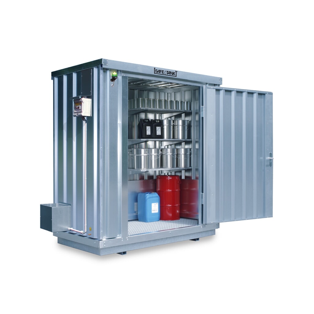 Conteneur pour substances dangereuses SAFE Tank 2000 ECO, à haut rendement énergétique grâce à la commande du ventilateur en fonction des besoins, dimensions extérieures 2 100x1 440x2 300 mm, porte à doubles battants, au milieu du côté court, Illustration du produit: Conteneur pour substances dangereuses SAFE Tank 2000 ECO, à haut rendement énergétique grâce à la commande du ventilateur en fonction des besoins, dimensions extérieures 2 100x1 440x2 300 mm, porte à doubles battants, au milieu du côté court,