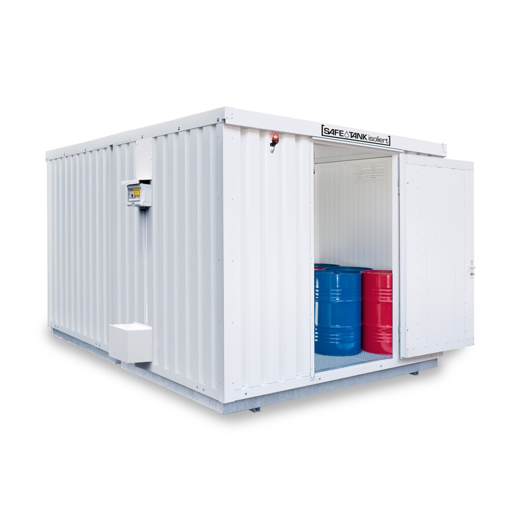 N° de l'image du produit 1 : Combinaison de conteneurs pour substances dangereuses SAFE Tank, 2500 PLG/ALG, isolés, prémontés, revêtement plastique RAL 9002, dimensions extérieures 4 350x4 340x2 510 mm, porte à un battant, latéral dans le côté de 2 m, surface de