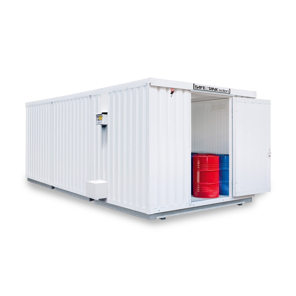 Combinaison de conteneurs pour substances dangereuses SAFE Tank, 3500 PLG/ALG, isolés, prémontés, revêtement plastique RAL 9002, dimensions extérieures 4 350x6 520x2 510 mm, porte à un battant, au centre du côté avant, surface de stockage Illustration du produit: Combinaison de conteneurs pour substances dangereuses SAFE Tank, 3500 PLG/ALG, isolés, prémontés, revêtement plastique RAL 9002, dimensions extérieures 4 350x6 520x2 510 mm, porte à un battant, au centre du côté avant, surface de stockage