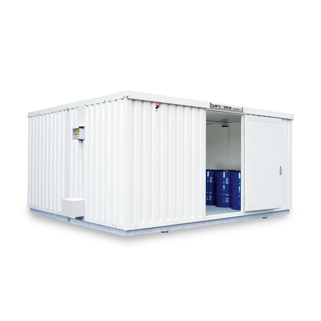 Combinaison de conteneurs pour substances dangereuses SAFE Tank 4000 ALG, isolés, prémontés, revêtement plastique RAL 9002, dimensions extérieures 5 380x4 340x2 520 mm, porte à un battant, au centre du côté large, surface de stockage 20 m² Illustration du produit: Combinaison de conteneurs pour substances dangereuses SAFE Tank 4000 ALG, isolés, prémontés, revêtement plastique RAL 9002, dimensions extérieures 5 380x4 340x2 520 mm, porte à un battant, au centre du côté large, surface de stockage 20 m²