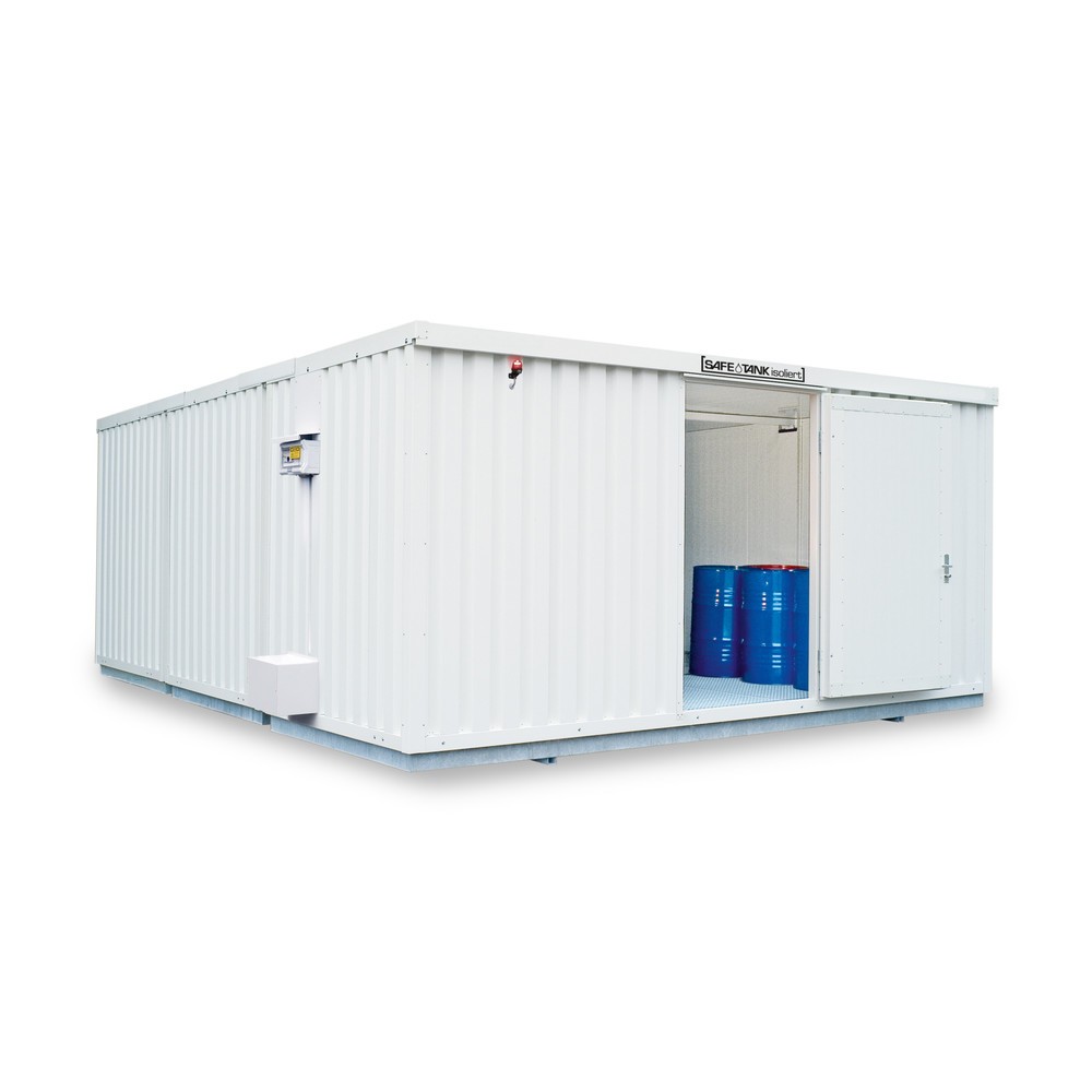 Illustration du produit: Combinaison de conteneurs pour substances dangereuses SAFE Tank 5000 ALG, isolés, prémontés, revêtement plastique RAL 9002, dimensions extérieures 5 380x6 520x2 520 mm, porte à un battant, au centre du module, surface de stockage 30 m²