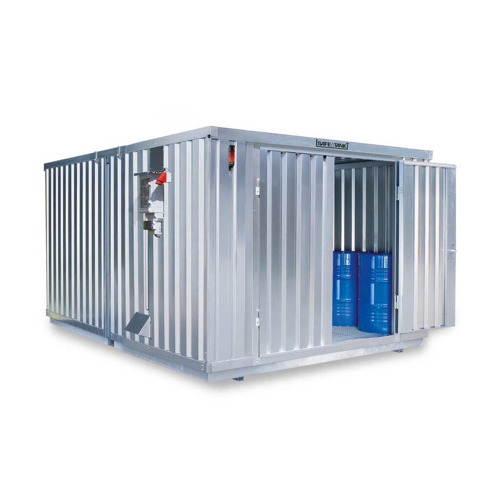 Illustration du produit: Conteneur pour substances dangereuses SAFE Tank 2000 CONTROL, dispositif antidéflagrant automatisé pour une efficacité énergétique et une sécurité maximales, dimensions extérieures 3 350x4 340x2 310 mm, porte à doubles battants, au centre du