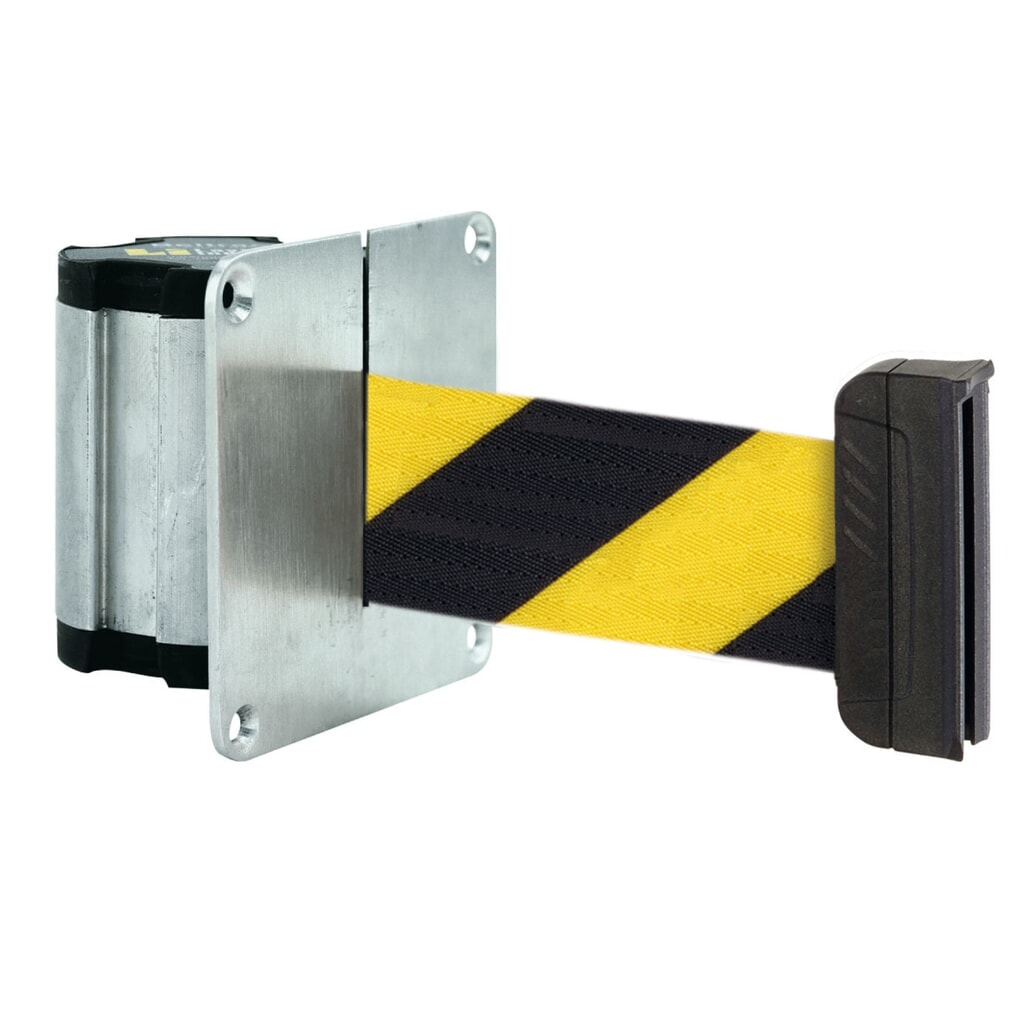 Sangle murale de délimitation M avec embout magnétique, longueur 2,3 m, strié en diagonale noir/jaune Illustration du produit: Sangle murale de délimitation M avec embout magnétique, longueur 2,3 m, strié en diagonale noir/jaune