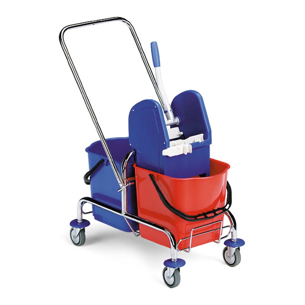 Seau double sur roulettes Chrom II, 2x 25 litres, dossier de poussée, presse à serpillière Illustration du produit: Seau double sur roulettes Chrom II, 2x 25 litres, dossier de poussée, presse à serpillière