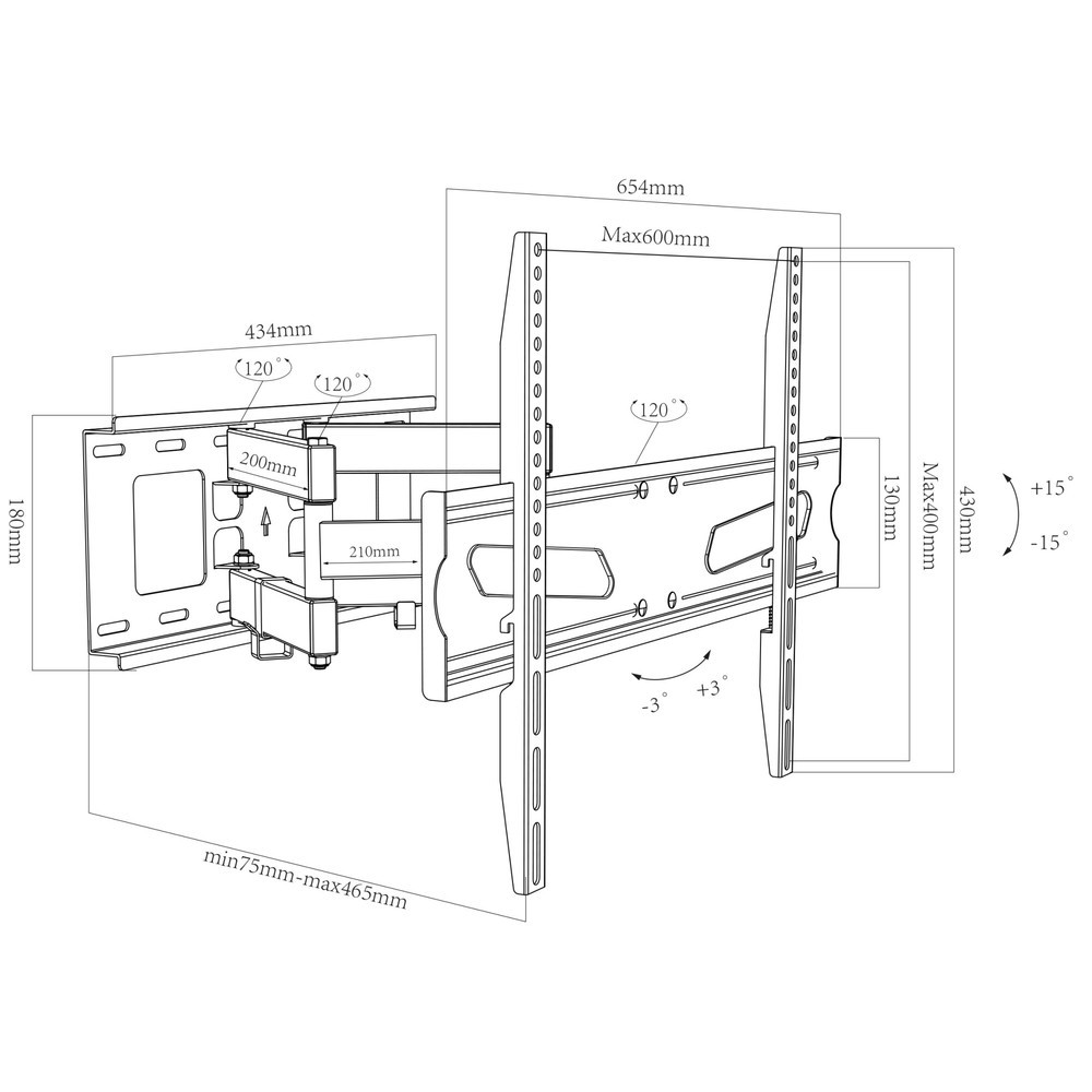 N° de l'image du produit 5 : Support mural B-NS 600 pivotant, inclinable, noir