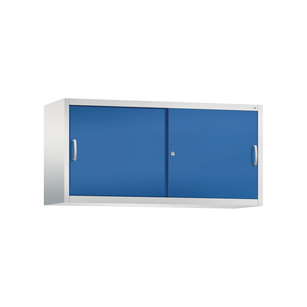Numéro de l'image du produit 1: Surmeuble pour armoire à portes coulissantes d’atelier C+P, 2 tablettes, H x l x P 790 x 1 600 x 500 mm, cloison de séparation, gris clair, bleu gentiane
