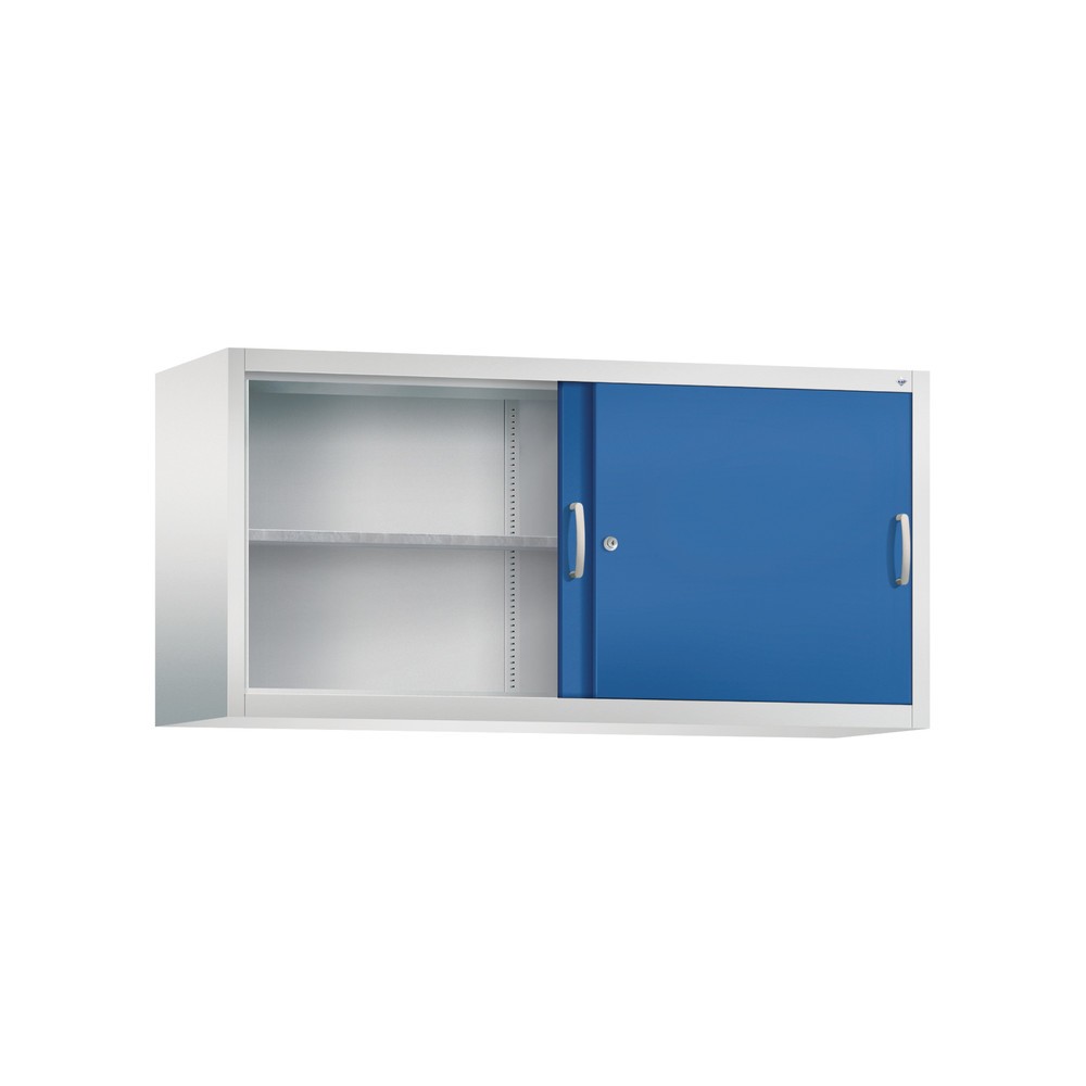Numéro de l'image du produit 2: Surmeuble pour armoire à portes coulissantes d’atelier C+P, 2 tablettes, H x l x P 790 x 1 600 x 500 mm, cloison de séparation, gris clair, bleu gentiane