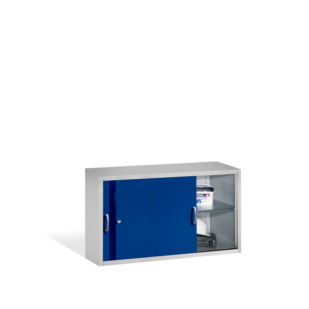Numéro de l'image du produit 3: Surmeuble pour armoire à portes coulissantes d’atelier C+P, 2 tablettes, H x l x P 790 x 1 600 x 500 mm, cloison de séparation, gris clair, bleu gentiane