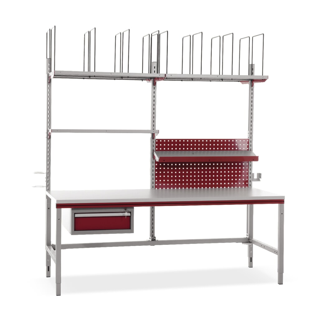 Rocholz table d’emballage FLEX+ réglable en hauteur manuellement, avec grand kit d’accessoires, H x l x P 690-960 x 2 000 x 800 mm Illustration du produit: Rocholz table d’emballage FLEX+ réglable en hauteur manuellement, avec grand kit d’accessoires, H x l x P 690-960 x 2 000 x 800 mm