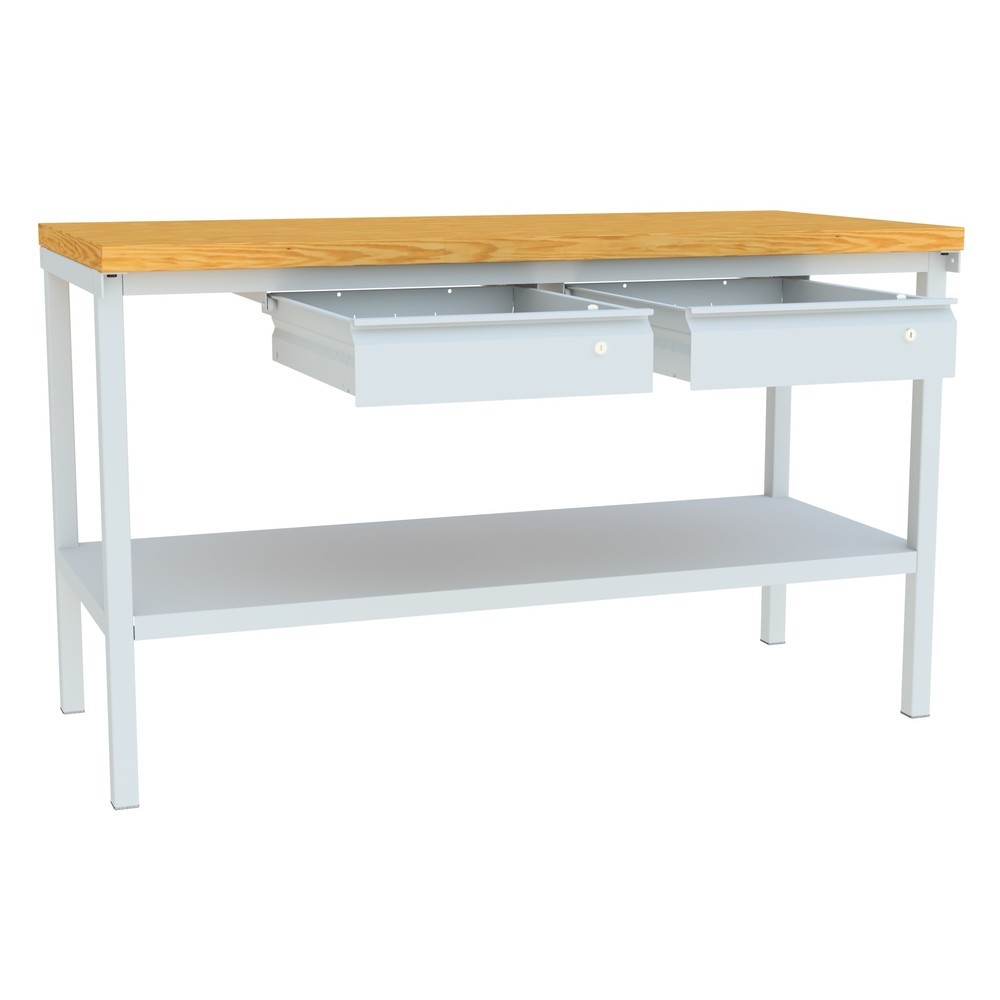 Numéro de l'image du produit 5: Table d’établi PAVOY avec 2 tiroirs + tablette, H x l x P 900 x 1 500 x 700 mm, gris clair, gris clair