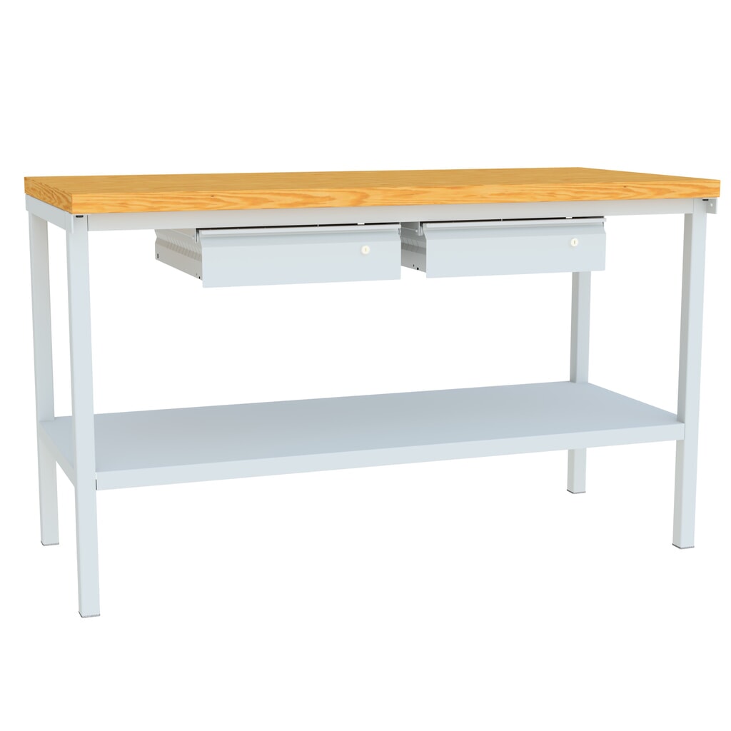 Table d’établi PAVOY avec 2 tiroirs + tablette, H x l x P 900 x 1 500 x 700 mm, gris clair, gris clair Illustration du produit: Table d’établi PAVOY avec 2 tiroirs + tablette, H x l x P 900 x 1 500 x 700 mm, gris clair, gris clair
