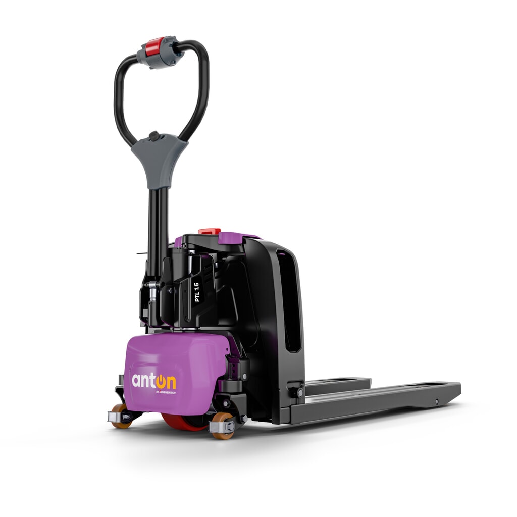 Transpalette électrique AntOn by Jungheinrich PTL 1.5 avec roues de support, capacité de charge 1 500 kg, longueur de fourche 1.150 mm Illustration du produit: Transpalette électrique AntOn by Jungheinrich PTL 1.5 avec roues de support, capacité de charge 1 500 kg, longueur de fourche 1.150 mm