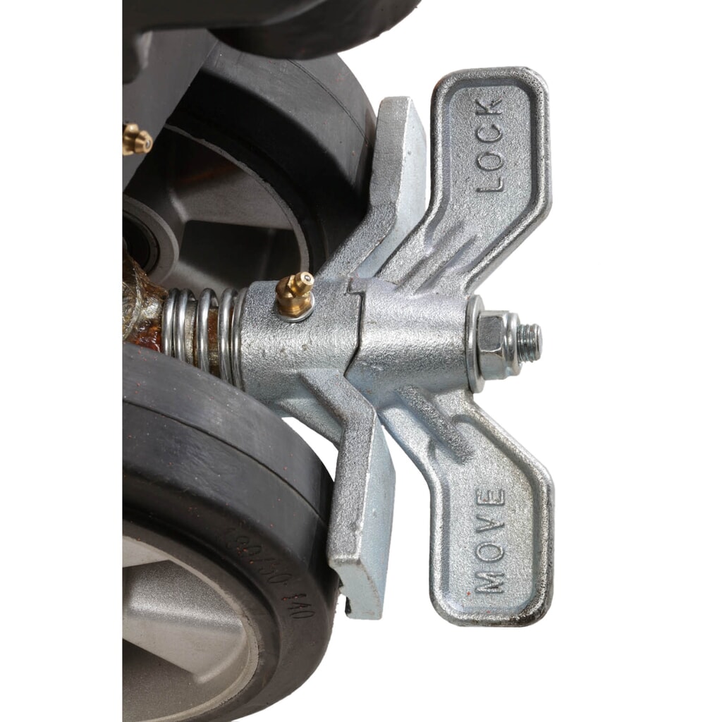 Frein de stationnement pour transpalette Ameise® avec roues directrices en caoutchouc plein, roue Ø 180 mm Illustration du produit: Frein de stationnement pour transpalette Ameise® avec roues directrices en caoutchouc plein, roue Ø 180 mm