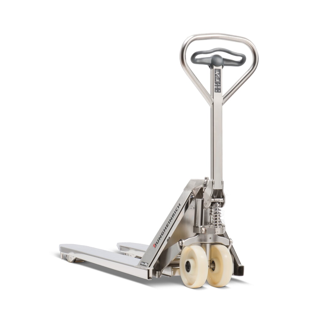Transpalette manuel en acier inoxydable Jungheinrich AM I20p, version professionnelle, capacité de charge 2 000 kg, largeur spéciale des fourches de 680 mm, longueur des fourches 1 220 mm, nylon, galets tandem N° de l'image du produit 1 : Transpalette manuel en acier inoxydable Jungheinrich AM I20p, version professionnelle, capacité de charge 2 000 kg, largeur spéciale des fourches de 680 mm, longueur des fourches 1 220 mm, nylon, galets tandem