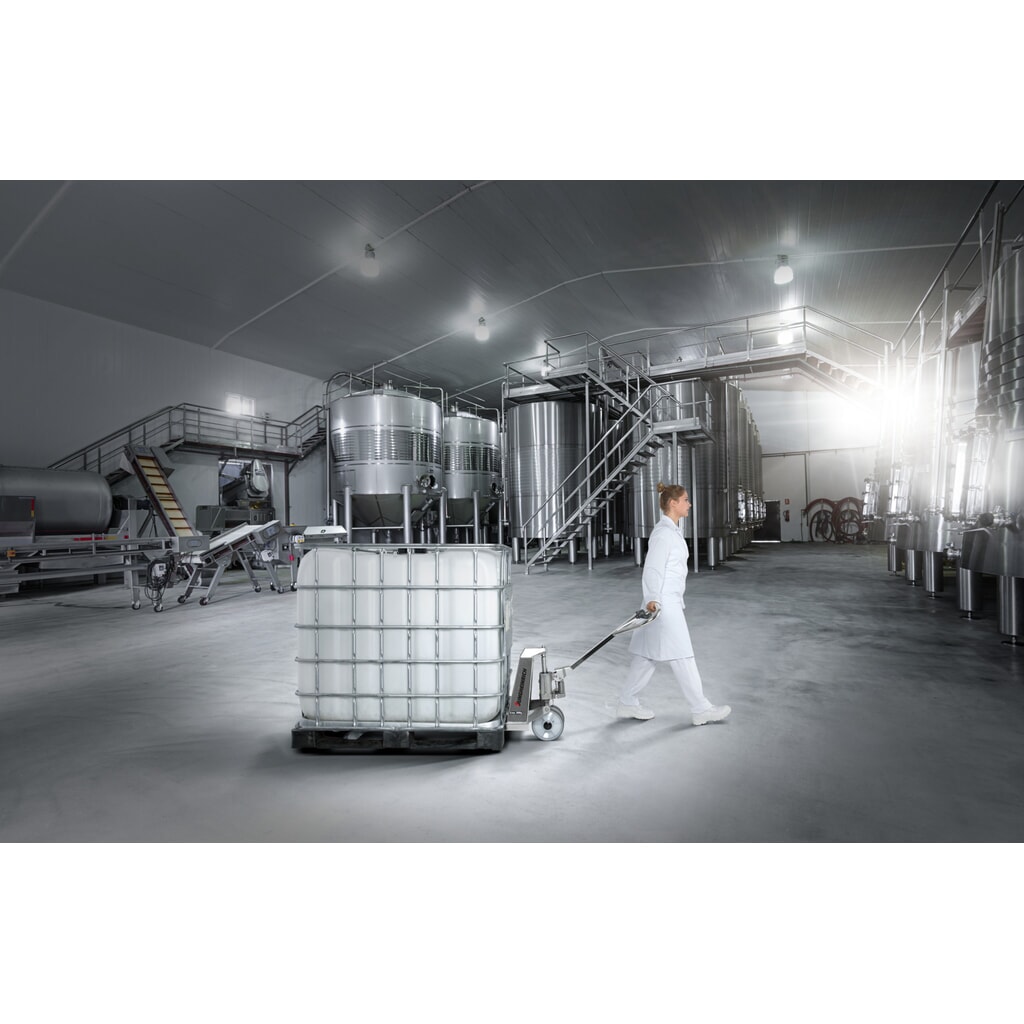 N° de l'image du produit 5 : Transpalette manuel en acier inoxydable Jungheinrich AM I20p, version professionnelle, capacité de charge 2 000 kg, largeur spéciale des fourches de 680 mm, longueur des fourches 1 220 mm, nylon, galets tandem
