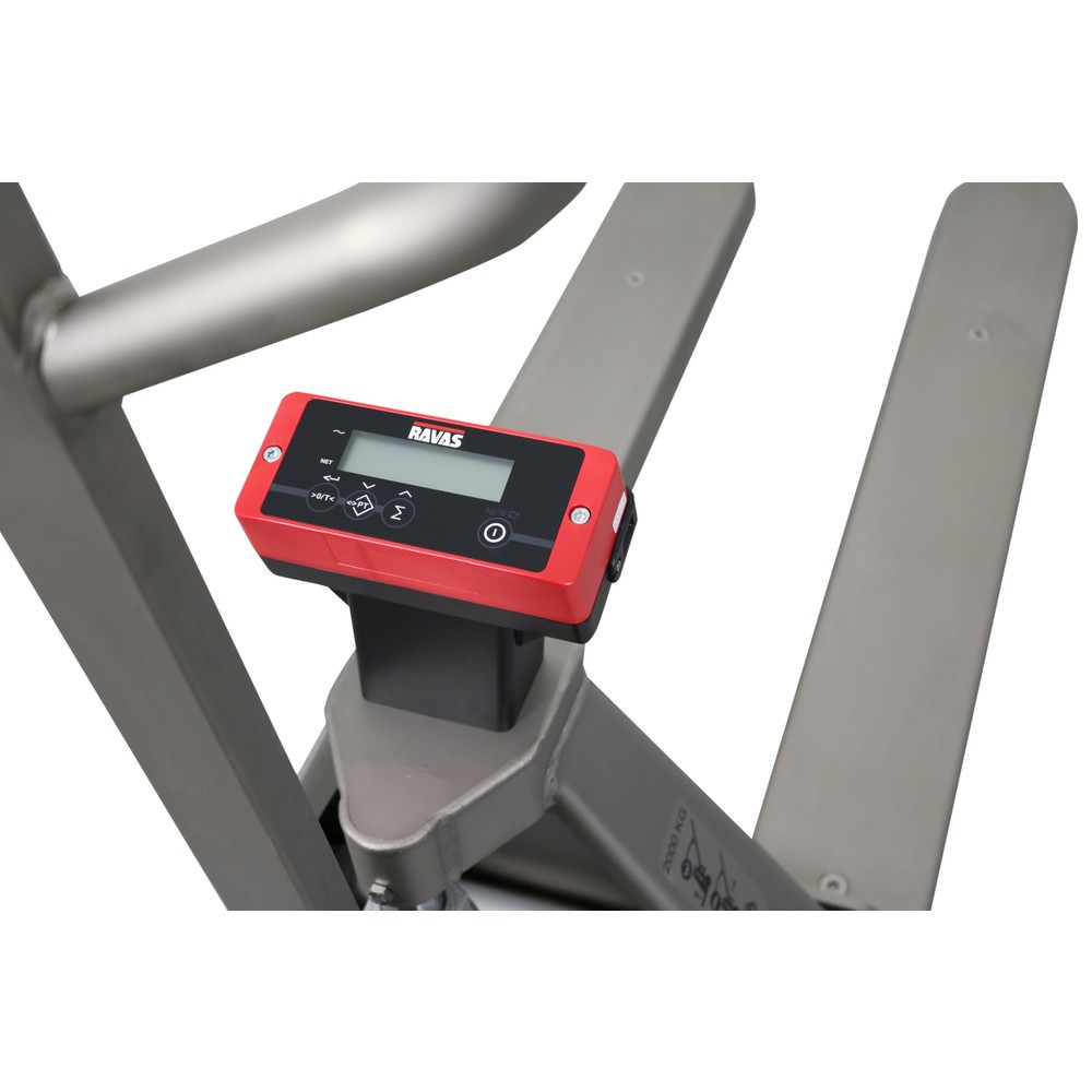 Numéro de l'image du produit 2: Ravas Transpalette en acier inoxydable avec balance INOX, capacité de charge 2 000 kg, longueur des fourches 1 150 mm, polyamide, galets tandem