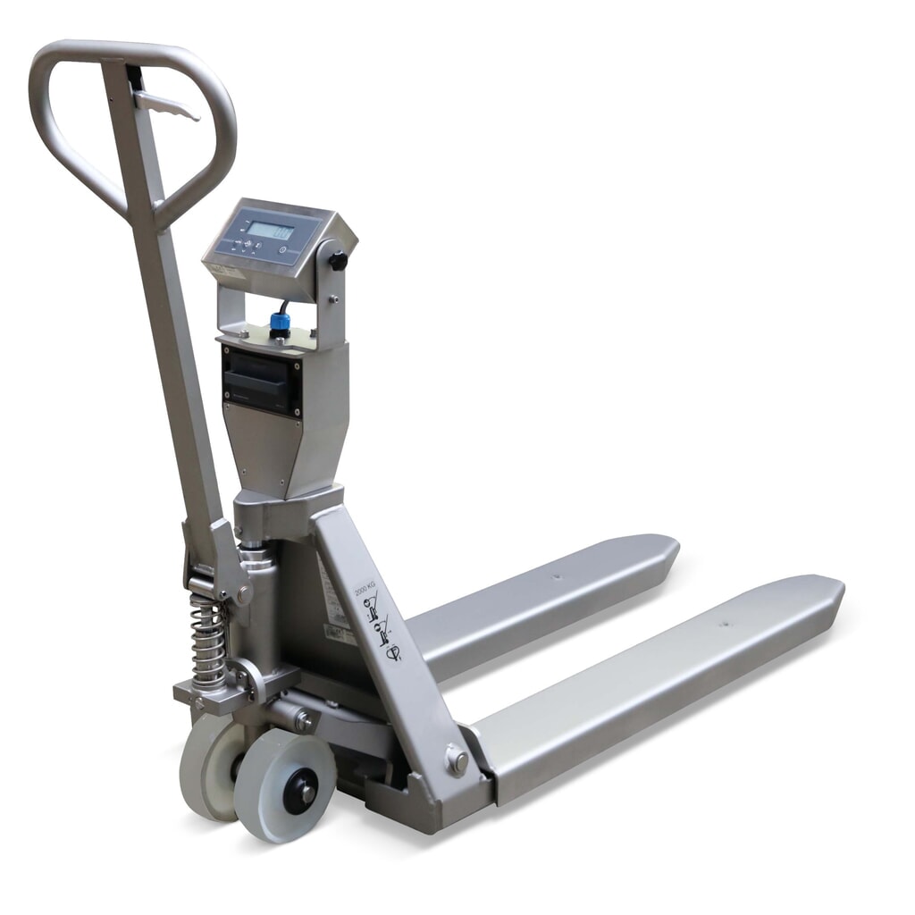 Transpalette manuel peseur en acier inoxydable INOX PRO, avec affichage multi-plages, capacité de charge 2 000 kg, longueur des fourches 1 150 mm, polyamide, galets tandem Illustration du produit: Transpalette manuel peseur en acier inoxydable INOX PRO, avec affichage multi-plages, capacité de charge 2 000 kg, longueur des fourches 1 150 mm, polyamide, galets tandem