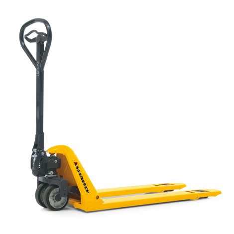 N° de l'image du produit 1 : Transpalette manuel plat Jungheinrich AM 15l, capacité de charge 1&nbsp;500&nbsp;kg, longueur des fourches 795 mm, caoutchouc plein&nbsp;/&nbsp;nylon, galets tandem