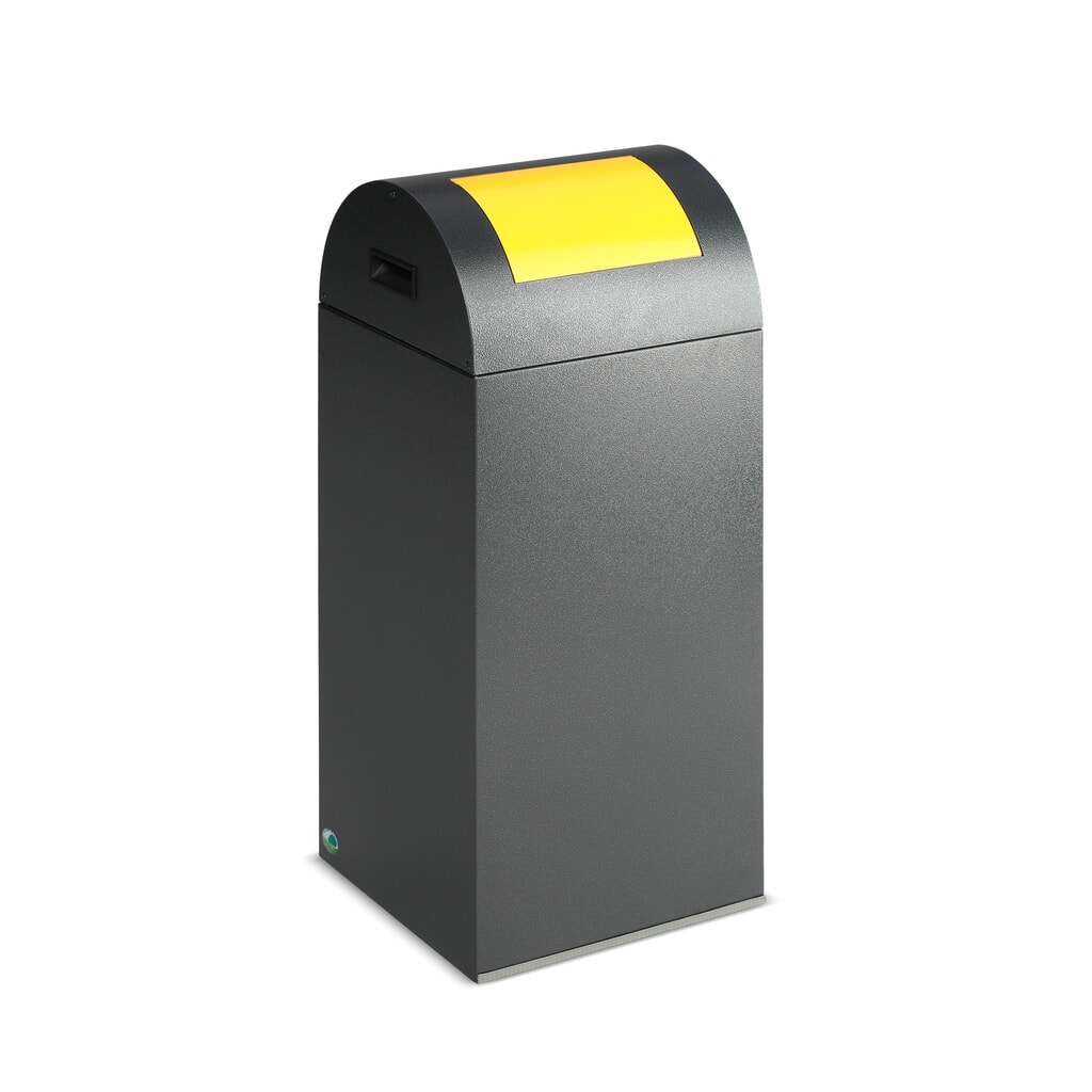 VAR® Collecteur de déchets, 60 litres, autoextinguible, corps argent antique, couvercle rond / jaune Illustration du produit: VAR® Collecteur de déchets, 60 litres, autoextinguible, corps argent antique, couvercle rond / jaune