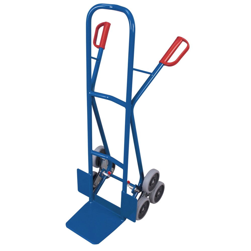 N° de l'image du produit 1 : Diable monte-escaliers VARIOfit® en acier, capacité de charge 200 kg, moyeu en étoile à 3 bras, pelle L x P 300 x 255 mm, pneus thermoplastiques, bleu gentiane