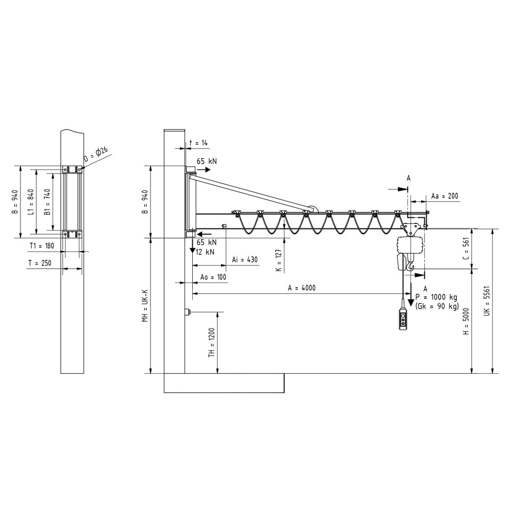 Numéro de l'image du produit 2: VETTER® Potence, palan électrique à chaîne LIFTKET compris, version murale avec haubanage, portée 4 000 mm, capacité de charge 1 000 kg