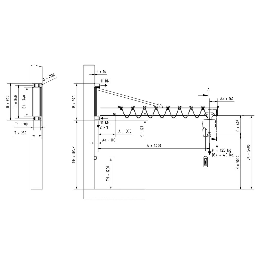 N° de l'image du produit 2 : VETTER® Potence, palan électrique à chaîne LIFTKET compris, version murale avec haubanage, portée 4 000 mm, capacité de charge 125 kg