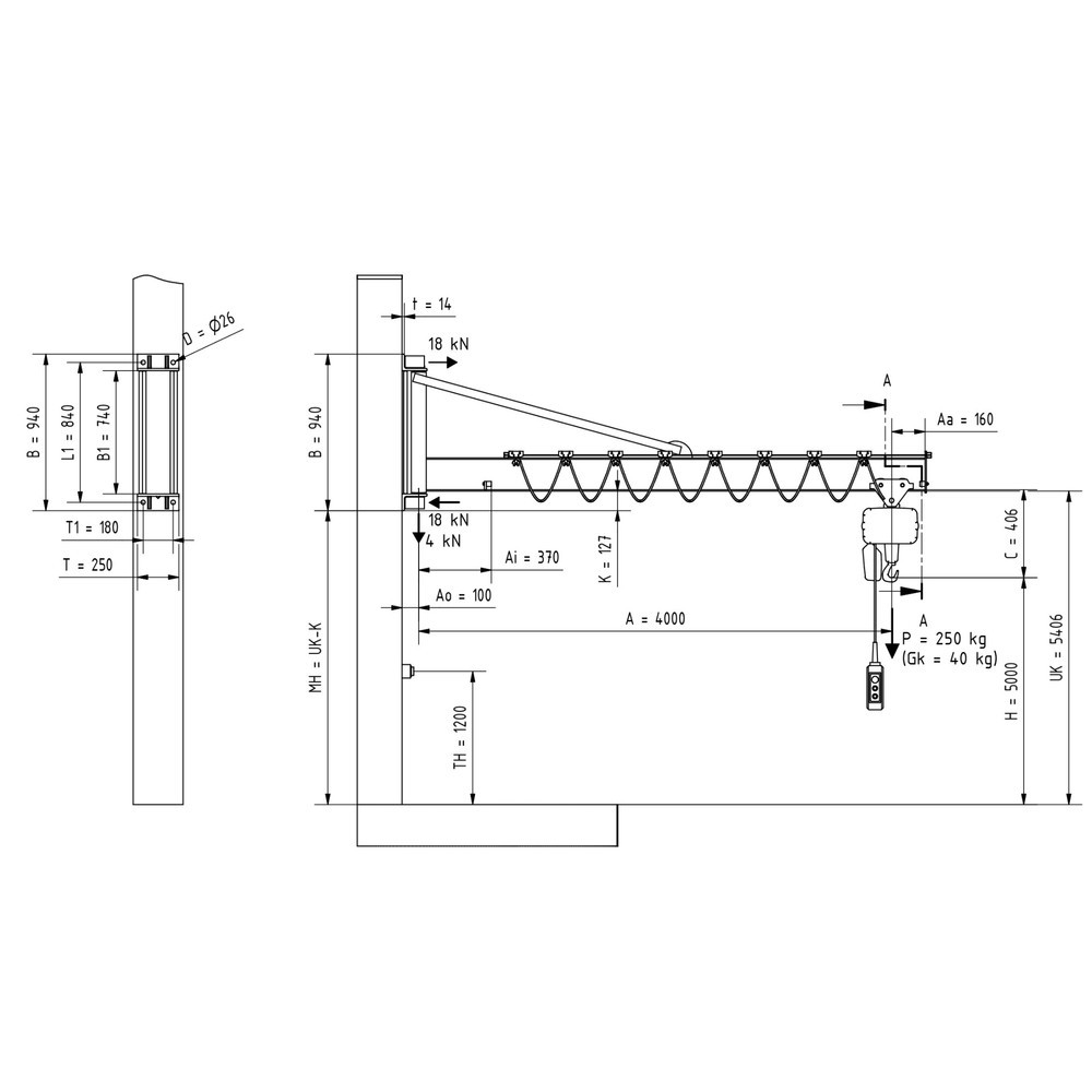 Numéro de l'image du produit 2: VETTER® Potence, palan électrique à chaîne LIFTKET compris, version murale avec haubanage, portée 4 000 mm, capacité de charge 250 kg
