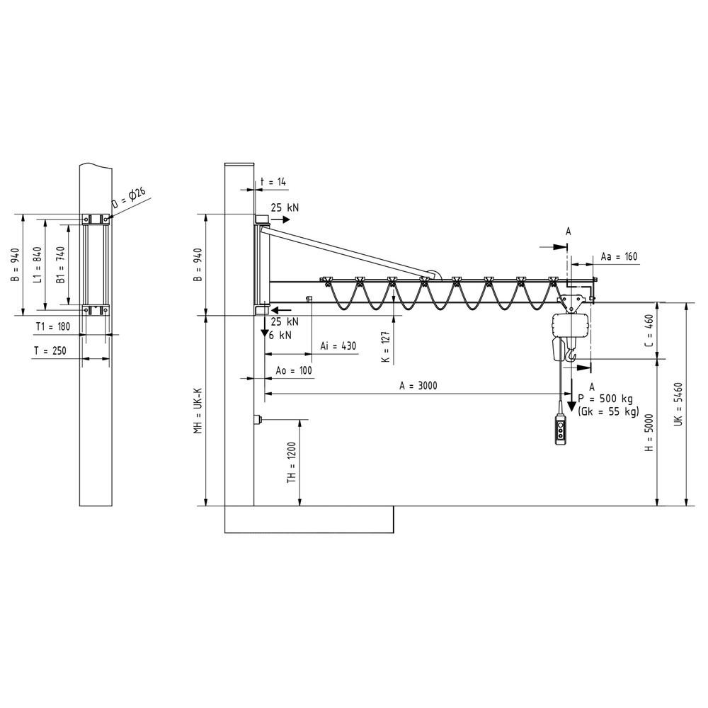 Numéro de l'image du produit 2: VETTER® Potence, palan électrique à chaîne LIFTKET compris, version murale avec haubanage, portée 3 000 mm, capacité de charge 500 kg