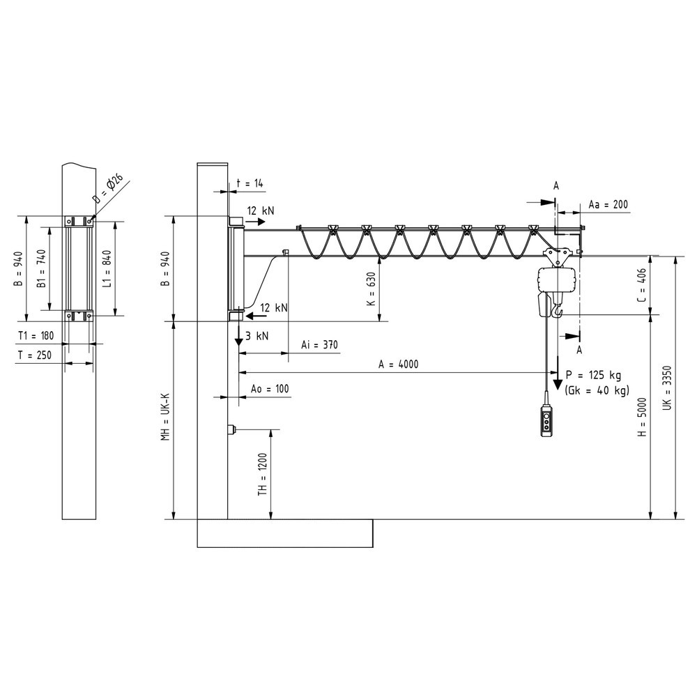 Numéro de l'image du produit 2: VETTER® Potence, palan électrique à chaîne LIFTKET compris, version murale, construction basse, portée 4 000 mm, capacité de charge 125 kg