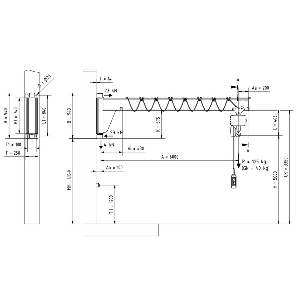 N° de l'image du produit 2 : VETTER® Potence, palan électrique à chaîne LIFTKET compris, version murale, construction basse, portée 6 000 mm, capacité de charge 125 kg