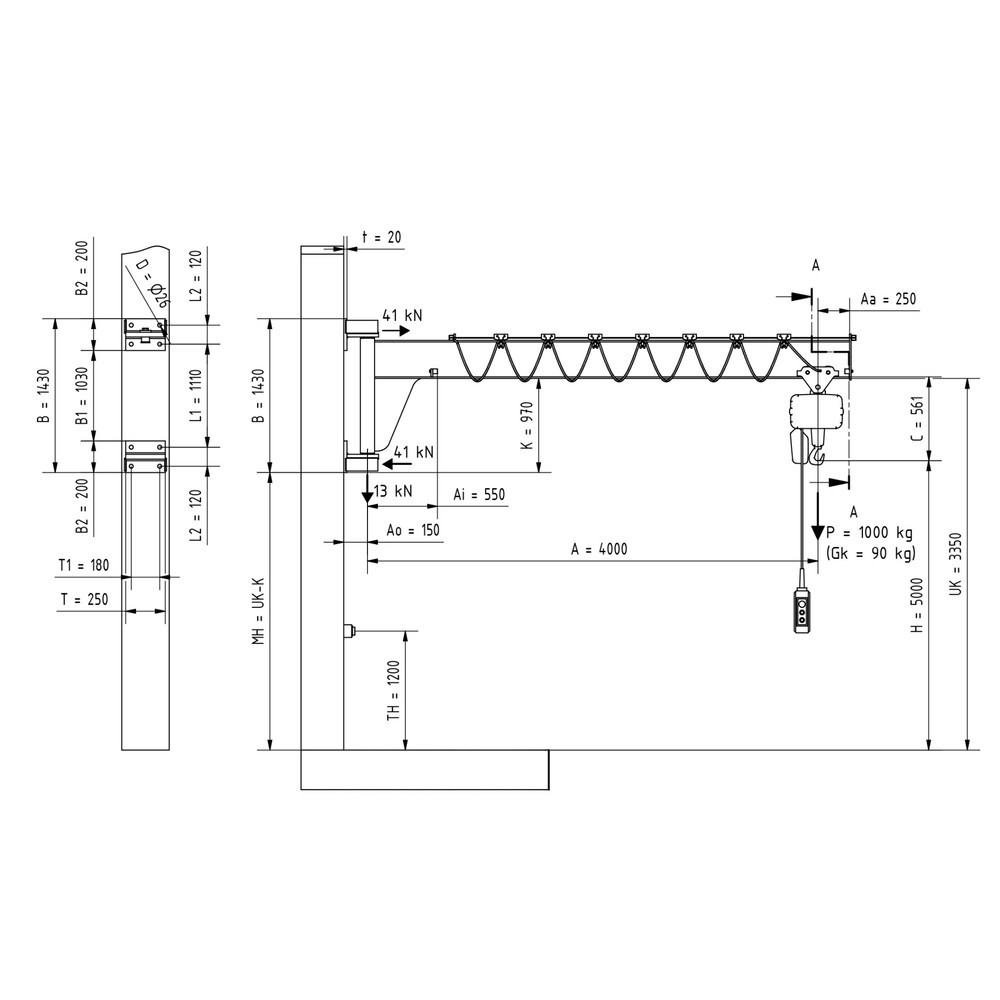 Numéro de l'image du produit 2: VETTER® Potence, palan électrique à chaîne LIFTKET compris, version murale, construction basse, portée 4 000 mm, capacité de charge 1 000 kg