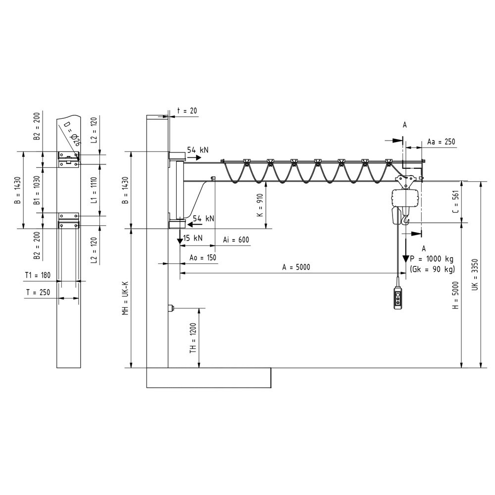 Numéro de l'image du produit 2: VETTER® Potence, palan électrique à chaîne LIFTKET compris, version murale, construction basse, portée 5 000 mm, capacité de charge 1 000 kg