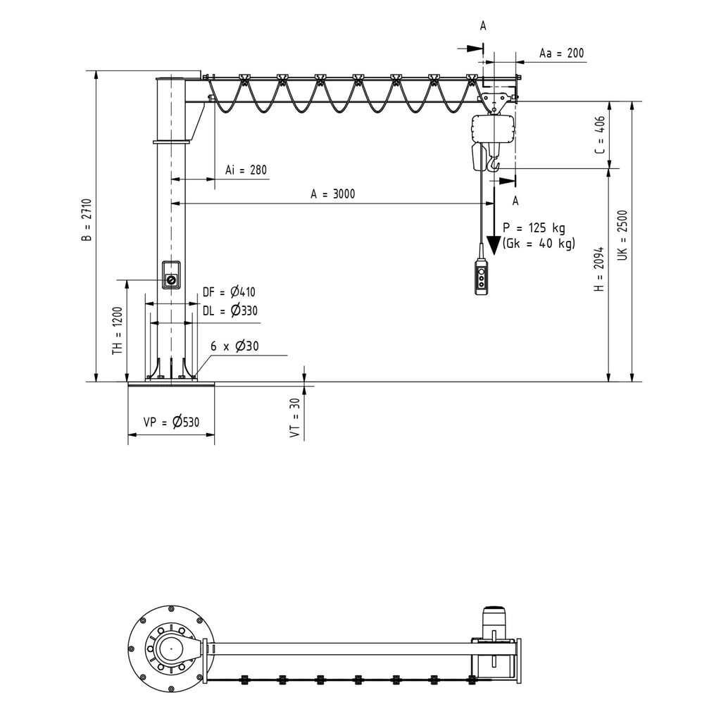 N° de l'image du produit 3 : VETTER® Potence, palan électrique à chaîne LIFTKET compris, version sur fût, plage de pivotement de 360°, portée 3 000 mm, capacité de charge 125 kg
