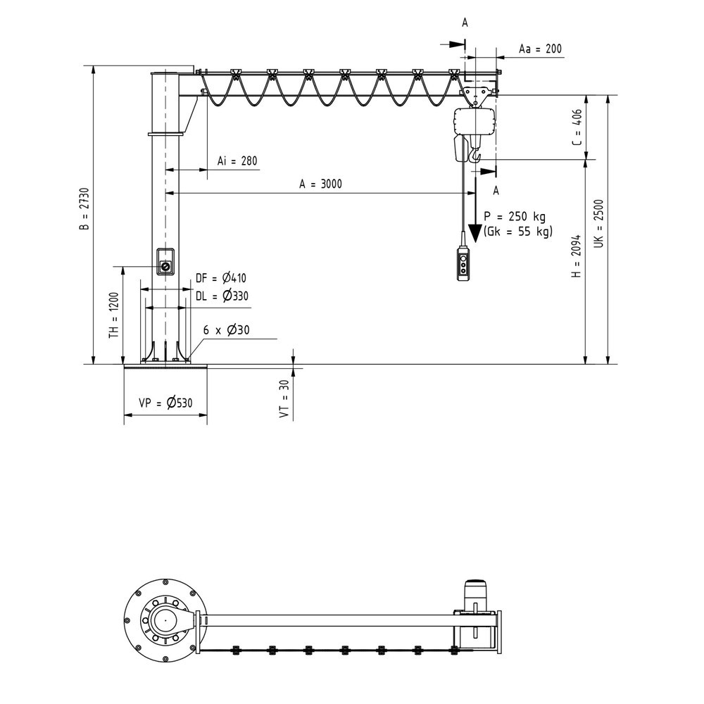 Numéro de l'image du produit 2: VETTER® Potence, palan électrique à chaîne LIFTKET compris, version sur fût, plage de pivotement de 360°, portée 3 000 mm, capacité de charge 250 kg